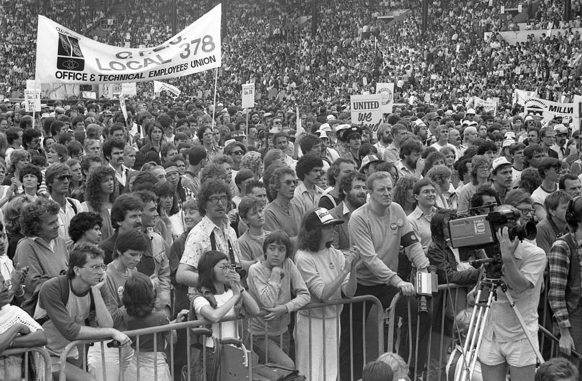 BC_LHC's tweet photo. TODAY IN LABOUR HISTORY: August 10, 1983 - 40,000 strong at Empire Stadium #Vancouver vented outrage @ BC govt attempt to re-write the social contract. Most of the city shut down. Photographer unknown.  #bchist #bclab #OperationSolidarity https://t.co/T5LTw22y9t