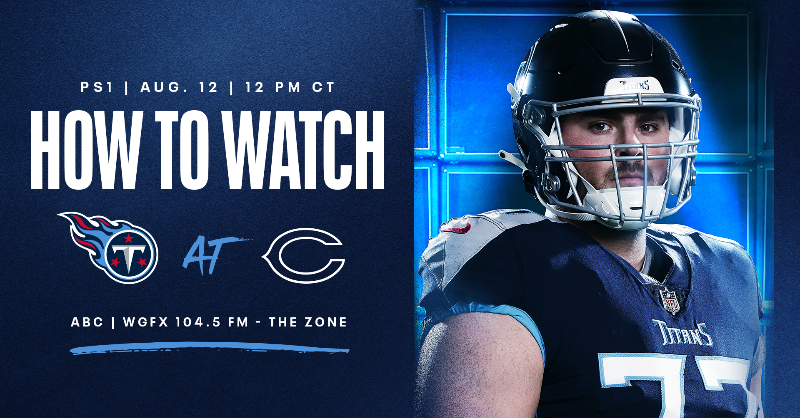 Titans's tweet photo. How to Watch #TENvsCHI

⏰: 12:00 PM (CT)
📍: @SoldierField
📺: @WKRN | NFL+
📻: @titansradio | @1045TheZone