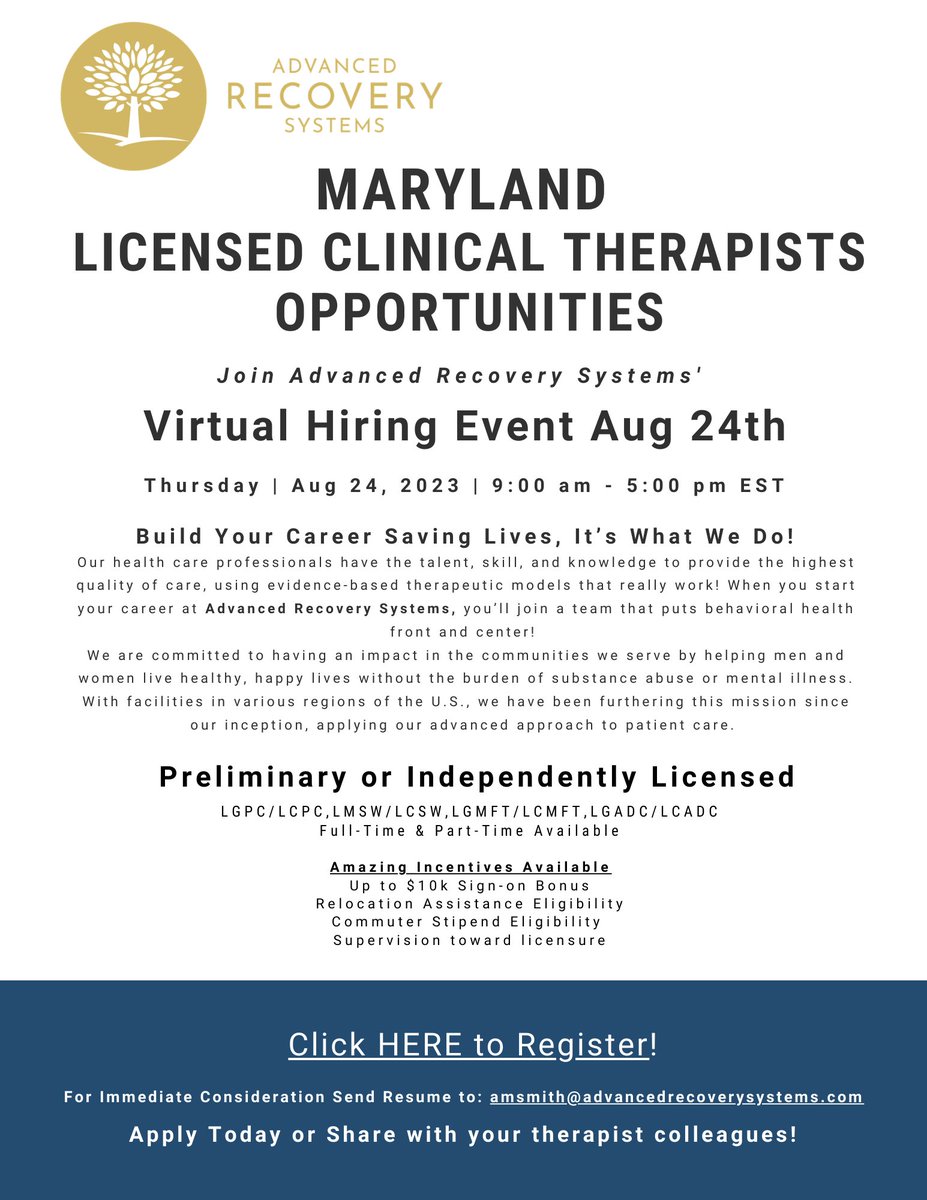 🌟Virtual #Hiring Event - Licensed Clinical #Therapists in #MarylandJobs!🌟 

✔ Work with First Responders
✔ Competitive Pay/Benefits/Up to $10k Sign-on  
✔ Relocation + Commuter Stipend Availability  
✔ Supervision provided

buff.ly/3OwVTJV
