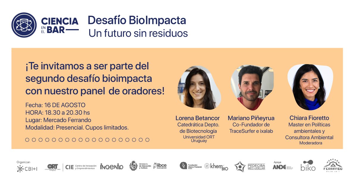 2º #DesafíoBioimpacta🌎Un futuro sin residuos
Lorena Betancor - <a href="/UniversidadORT/">Universidad ORT Uruguay</a> y Mariano Piñeyrua - <a href="/tracesurfer/">tracesurfer</a> conversarán sobre oportunidades para mejorar la gestión de residuos y lograr su valorización.
16/8, 18:30 <a href="/MercadoFerrando/">Mercado Ferrando</a> 
Reservas 👉 lnkd.in/d2rEWnc 1/2