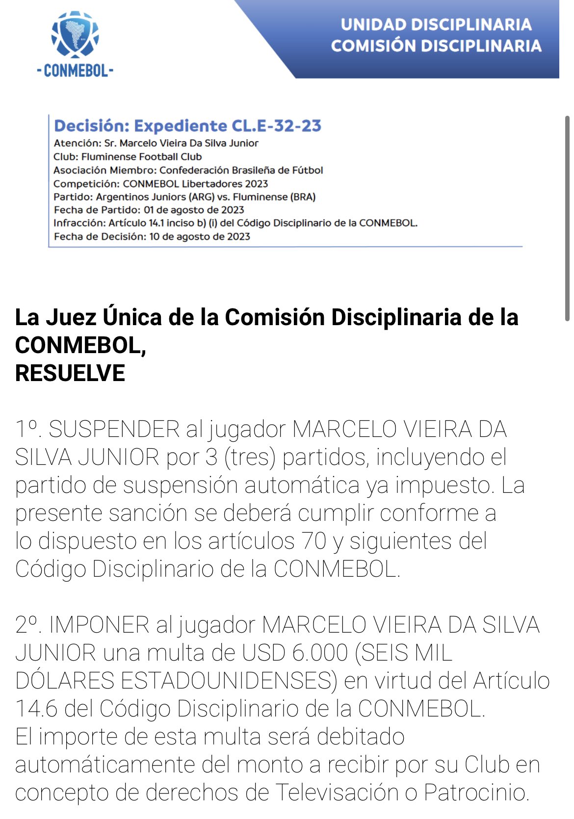 Conmebol suspendió a Marcelo por tres fechas y le impuso una multa económica  – CORRIENTES DE TARDE