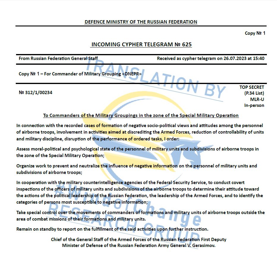 igorsushko's tweet photo. 🚨🧵LEAK: Top Secret Cypher Telegram from Russia's Chief of General Staff Valery Gerasimov indicates dire concern of an armed rebellion by the Paratroopers (VDV) against the Russian government.
Document leaked to Vladimir Osechkin.