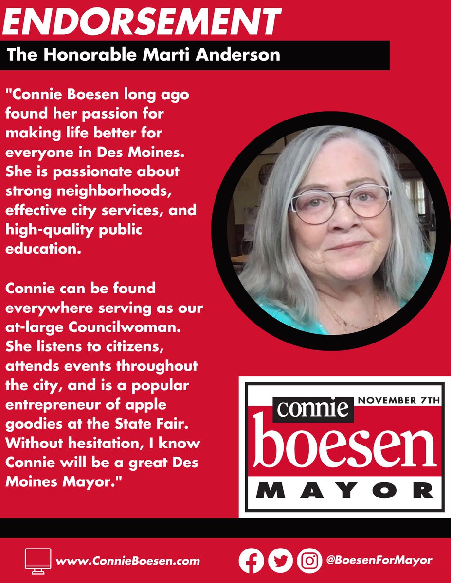 Connie Boesen (@boesenformayor) on Twitter photo .<a href="/MartiIowa/">Marti Anderson</a> has spent her career working to move Des Moines forward during her time as a social worker, a State Representative, and a Community Advocate.
I'm grateful for her endorsement and look forward to working with her to build a better Des Moines! .<a href="/MartiIowa/">Marti Anderson</a> has spent her career working to move Des Moines forward during her time as a social worker, a State Representative, and a Community Advocate.
I'm grateful for her endorsement and look forward to working with her to build a better Des Moines!