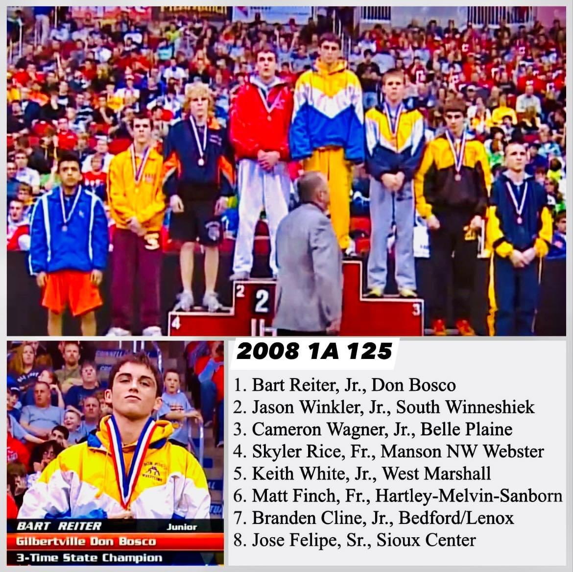 2008 Iowa HS State Wrestling Placers at 1A 125 lbs <a href="/bartreiter/">Bart Reiter</a> <a href="/dbwrestle/">Don Bosco Wrestling</a> <a href="/BP_Wrestle/">Belle Plaine Wrestling</a> <a href="/WM_TrojanWrstle/">West Marshall Trojans Wrestling</a> <a href="/SWinnWrestling/">South Winn Wrestling</a>