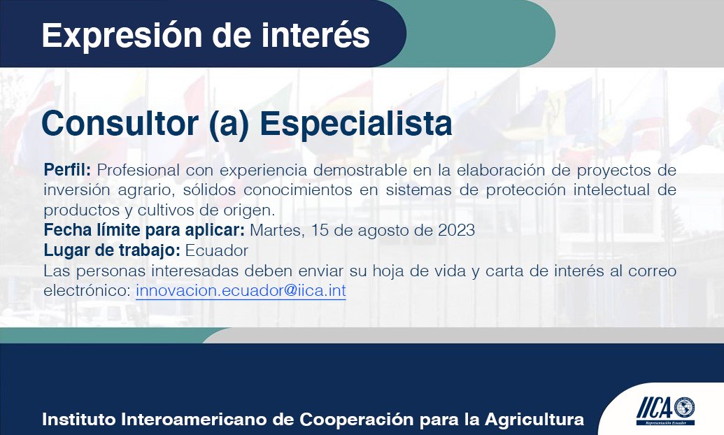 📣 #Consultoría

Buscamos: Especialista con experiencia demostrable en la elaboración de proyectos de inversión agrario, sólidos conocimientos en sistemas de protección intelectual de productos y cultivos de origen. 

🗓 Fecha límite para aplicar: 15 de agosto