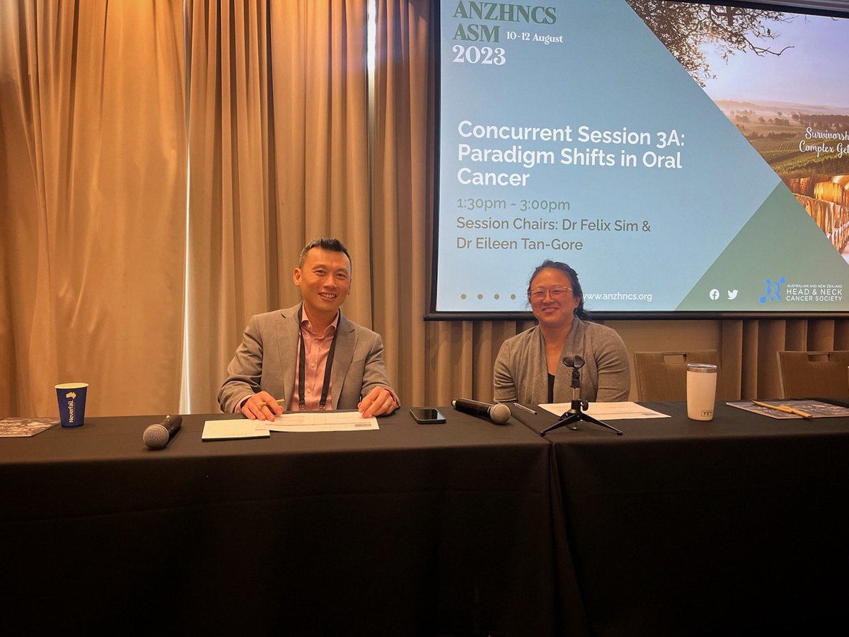 DrFelixSim's tweet photo. So nice to catch up with a colleague and friend Dr Eileen Tan Gore co-chairing the Oral Cancer session at #ANZHNCSASM23

#ANZHNCS23 #maxillofacial #headandneckcancers https://t.co/aA7VkoP0Cc
