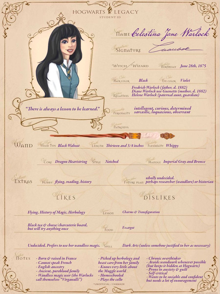 Finally an updated Hogwarts ID for Celestina after many months✨
(why was making her signature so hard 🥲)

#HogwartsLegacy #HogwartsLegacyMC