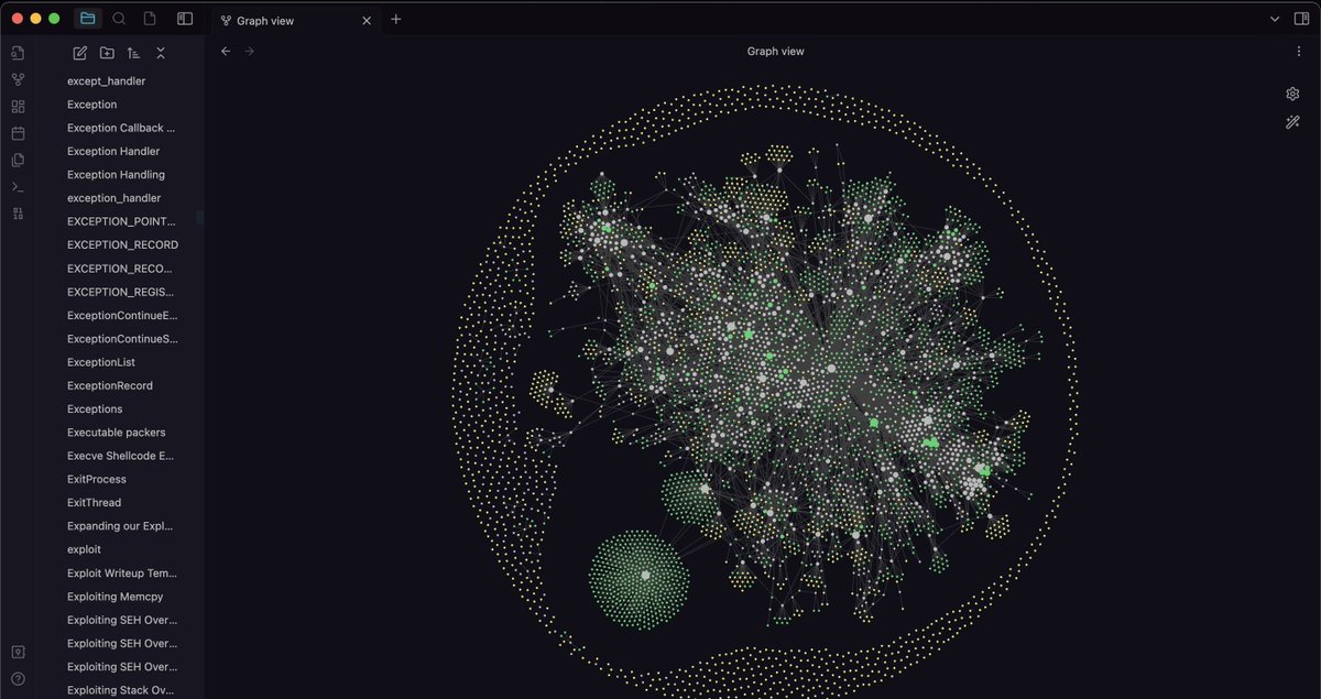 tetsuoai's tweet image. These are my notes. Each connected dot in that is a .md file on some topic I&apos;ve learned and put into my own words. Taking notes in this manner has been one of the best investments of my time. Note-taking apps like Obsidian are game changers. #hacking #organization #lifeskills