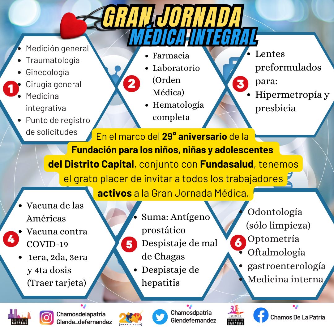 💥Viernes 11/8
💥HORA: 9:00 AM
💥LUGAR: Quinta CaraCara
📍Ubicada en la Av. Licenciado Aranda CON Arístides Rojas. 

📢GRAN JORNADA MÉDICA INTEGRAL a todos los trabajadores y trabajadoras ✨ACTIVOS✨ de la FNNADC💉💊🥰
<a href="/fundasaludccs/">Fundasaludccs</a>