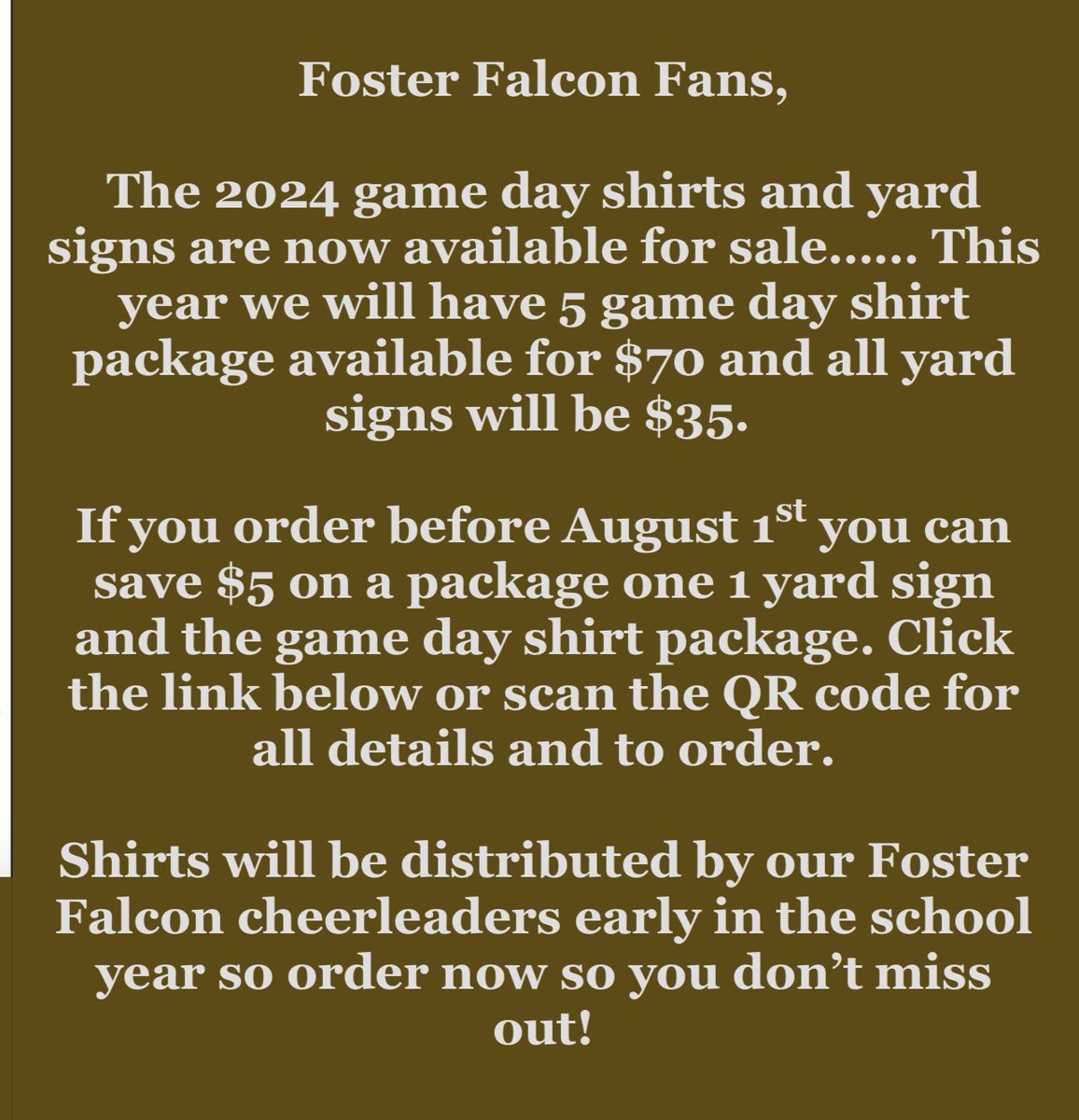 Don’t wait - show your Falcon pride and order your game day shirts and yard signs TODAY! ✨ deadline to order is 08/18! fhsabc.com/product/yard-s…