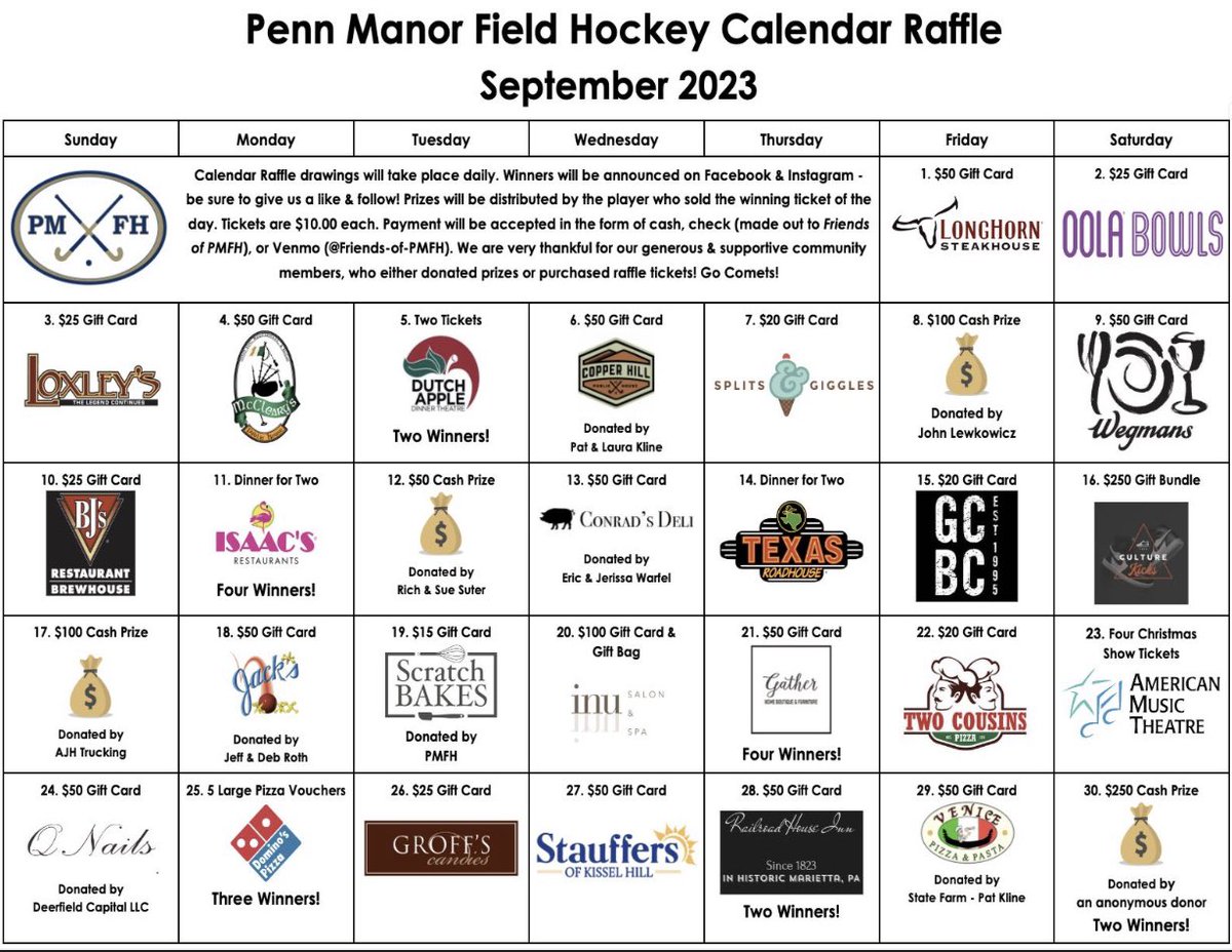 We are gearing up for the 2023-24 season with a Calendar Raffle Fundraiser! If you are interested in purchasing a raffle ticket 🎟️, please reach out to a PMFH player - tickets are $10 🏑 Thank you for your continued support! 💙💛💫