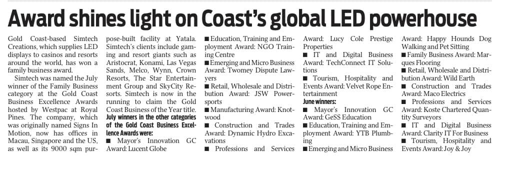 Pick up a copy of today’s Gold Coast Bulletin  and read on page 3 about Simtech Creations, our Family Business Award winner for July, as well as our other category winners. Congratulations to all!
#BusinessExcellence
#excellenceawards
#goldcoastbusiness