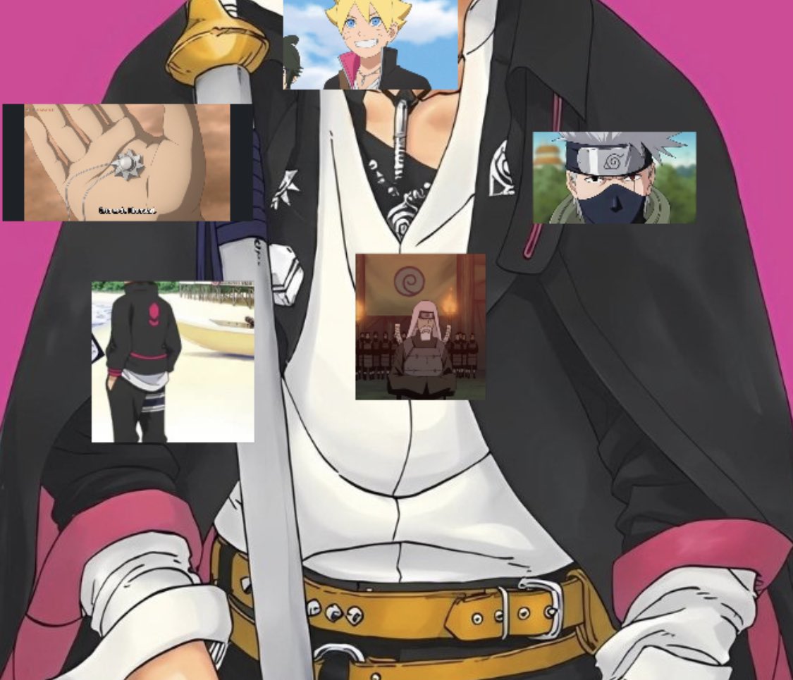 Descifrando los broches de la ropa de Boruto. 

• Collar: el suyo de toda la vida. Un tornillo que hace referencia a su nombre. 
• Collar del pecho: Logo del clan Uzumaki 
• Derecha: Símbolo de Konoha 
• Izquierda: Collar de Himawari que significa girasol, referencia también