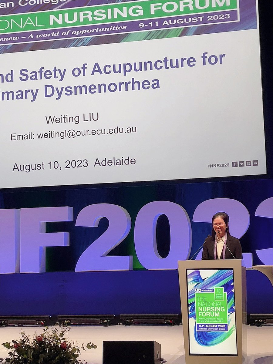 At #NNF2023, I am delighted to present my PhD work on “Efficacy and Safety of Acupuncture for Primary Dysmenorrhea”, with kind support of Prof. Lisa @LisaWhiECU and SNM @NurseMidwifeECU.
Thanks to my supervisors A/Prof. Mandy, Dr. Claire @KhuiLee, and Dr. Tim. @acn_tweet