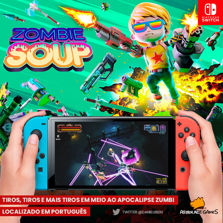 #SORTEIO🎉 #GIVEAWAY
Zombie Soup é um novo jogo de muita ação que a <a href="/Astrolabe_Games/">Astrolabe Games</a> lançou no Nintendo Switch e recebi 2 chaves pra vocês. Pra participar:

- Me segue
- 🔄+💙
- Responda esse tweet com a tag #ZombieSoup e marque um amigo! Solto as chaves nesse domingo (13).