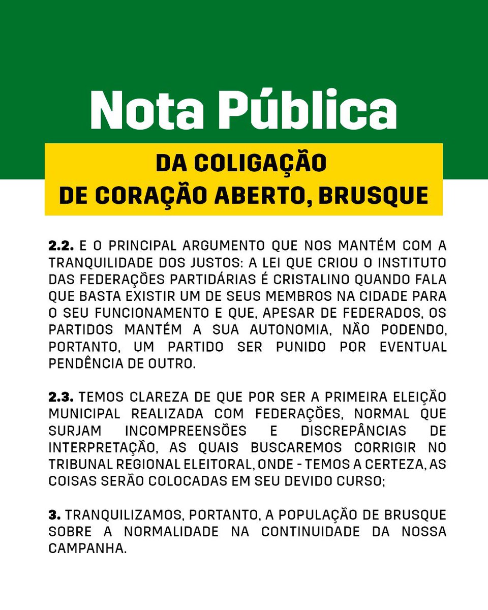 PauloEccel13's tweet photo. Nota Pública da Coligação De coração aberto, Brusque. https://t.co/LDAU38CxRI