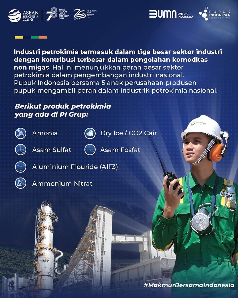 pupuk_indonesia's tweet photo. Sobat Pupuk,
Industri petrokimia menjadi sektor strategis ditingkat hulu untuk menjadi modal dasar dan prasyarat utama dalam pengembangan industri hilir seperti plastic, serat kain, tekstil, elektronik, otomotif hingga obat-obatan.

#PupukIndonesiaAda
#MakmurBersamaIndonesia https://t.co/Pxx6ECii6l