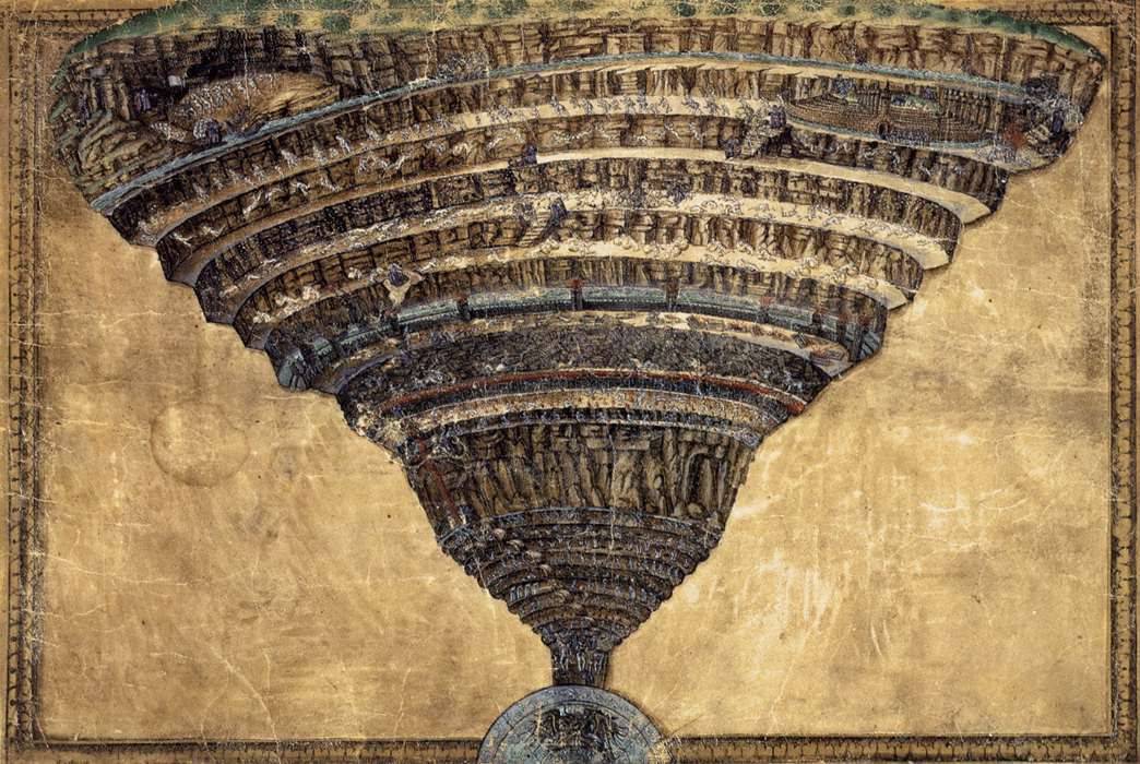 The Abyss of Hell by Sandro Botticelli, 1480. Medium: coloredpencils, parchment.