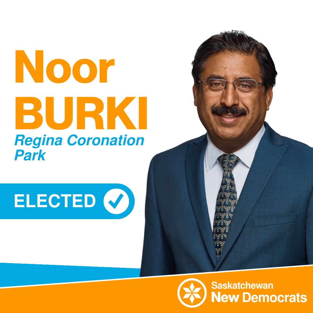 Graphic showing Noor Burki has been elected as the MLA in Regina Coronation Park