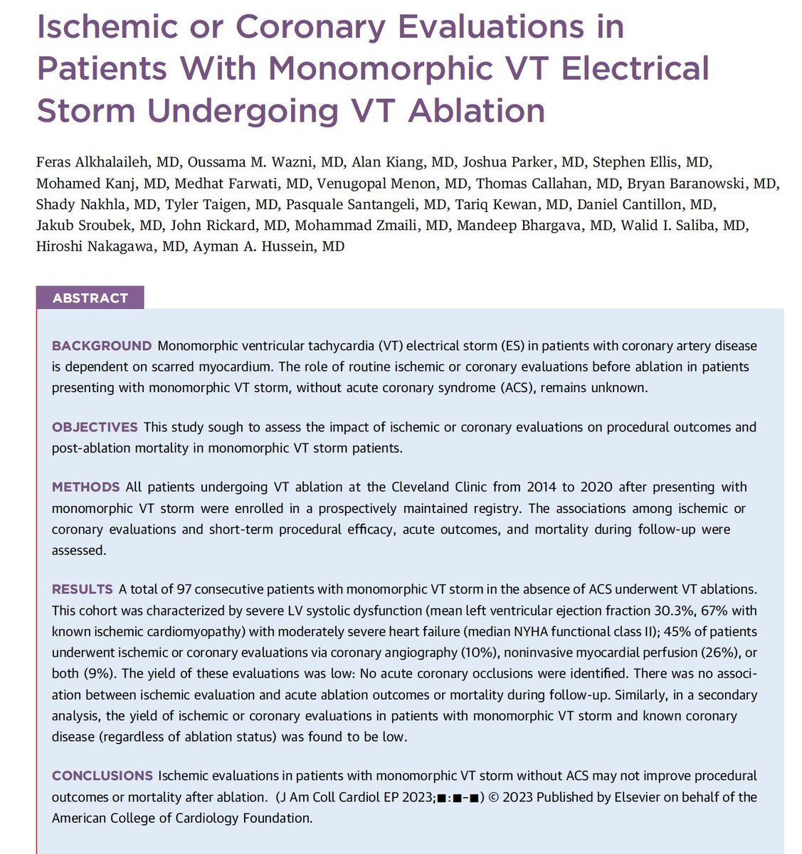 Two needed studies this week that confirm limited (if any) role of angiography and PCI to manage/mitigate ventricular arrhythmias in HF (REVIVED-BCIS2) @CircAHA and monomorphic VT storm (Cleveland Clinic registry) @JACCJournals. ahajournals.org/doi/abs/10.116… jacc.org/doi/10.1016/j.……