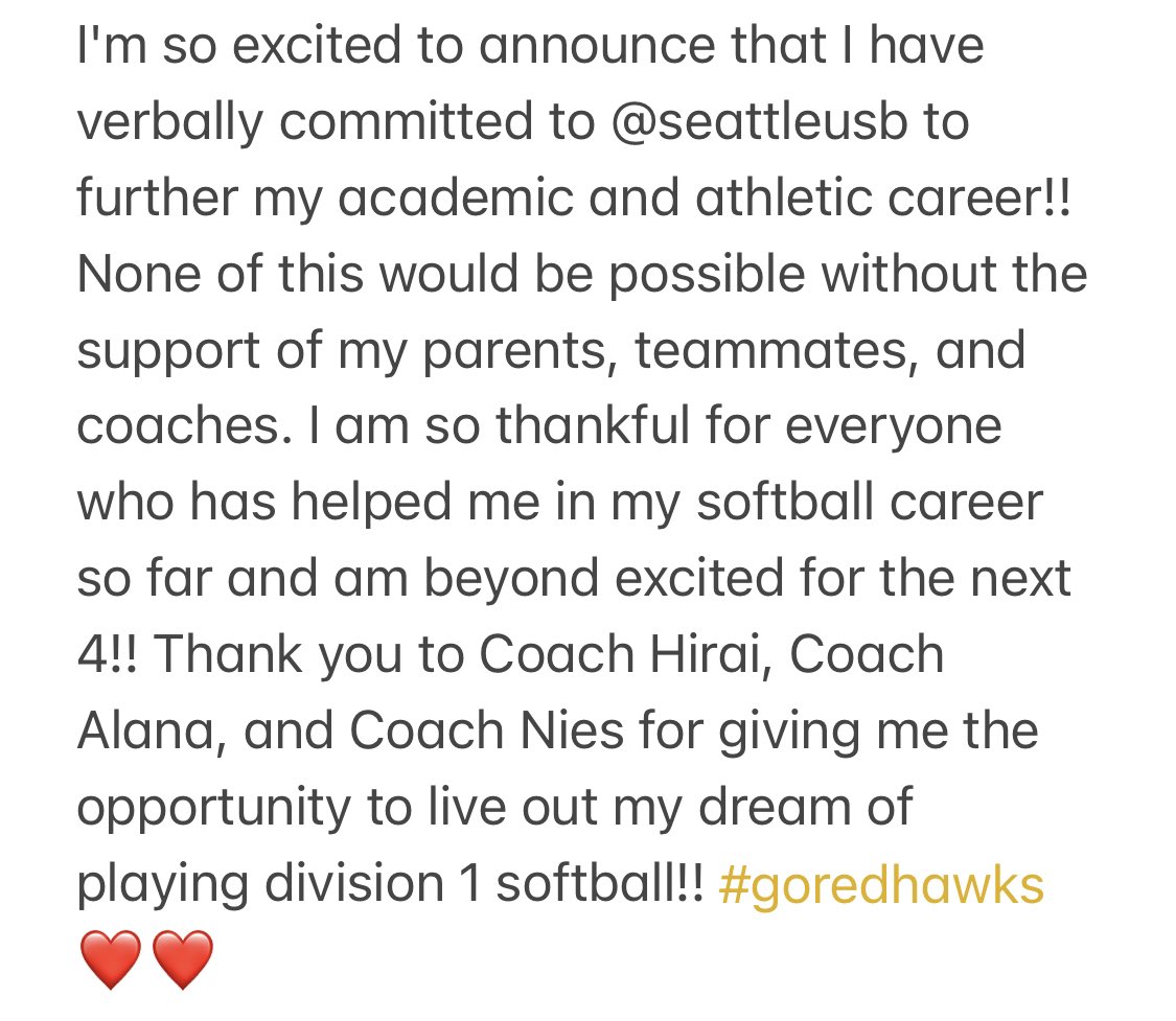 COMMITTED!! ❤️🖤

I’m so excited to announce that I have verbally committed to Seattle University! #TogetherWeSoar 

<a href="/seattleusb/">Seattle U Softball 🥎</a> <a href="/GeoffHirai/">Geoff Hirai</a> @CoachAlanaA @ladymagic_18u