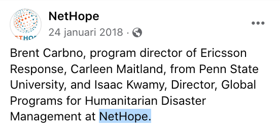 1. Ericsson Response
2. Télécom sans Frontière (Ericsson)
3. Unosat -Operational Satellite Applications Programme (Ericsson set up towers for comms)
4. NetHope (Ericsson)

....Global VSAT Forum, and NetHope, a consortium of 18 international NGOs
wikileaks.org/clinton-emails…