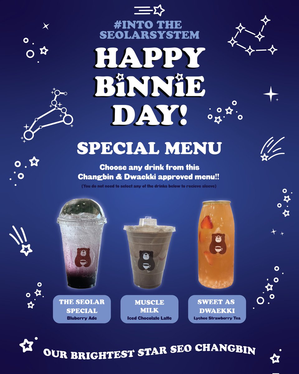 .⋅ ☆ SPECIAL MENU ☆ ⋅.

Happy Binnie Day, everyone!

Check out these delicious drinks when coming to our event!! See you guys soon♡

#Changbin #HappyBinnieDay 
#IntoTheSeolarSystem 
#StrayKids 
#줏대있게_창빈이_생일축하해 
#ChangbinDayWithJutdae
#HappyChangbinDay