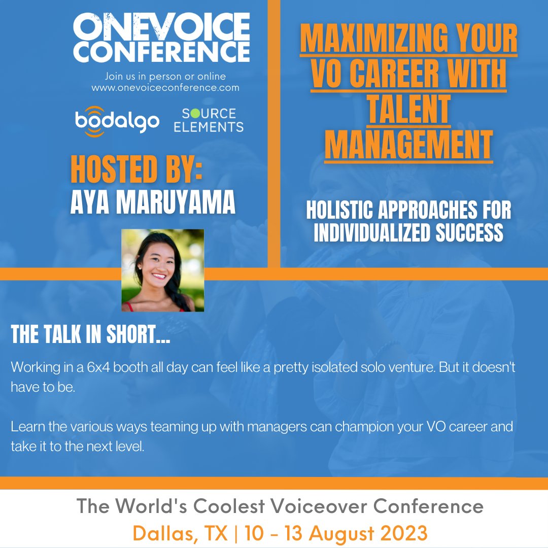 CeliaSiegel's tweet photo. The countdown is on! Come and visit Aya at her talk "Maximizing your VO Career with Talent Management - Holistic Approaches for Individualized Success" TOMORROW, 8/11 at 10:30am in Main Room Enterprise 1.
She cannot wait to meet you!
#onevoiceconference #onevoice2023 #CSM https://t.co/Fb7c5n20A9