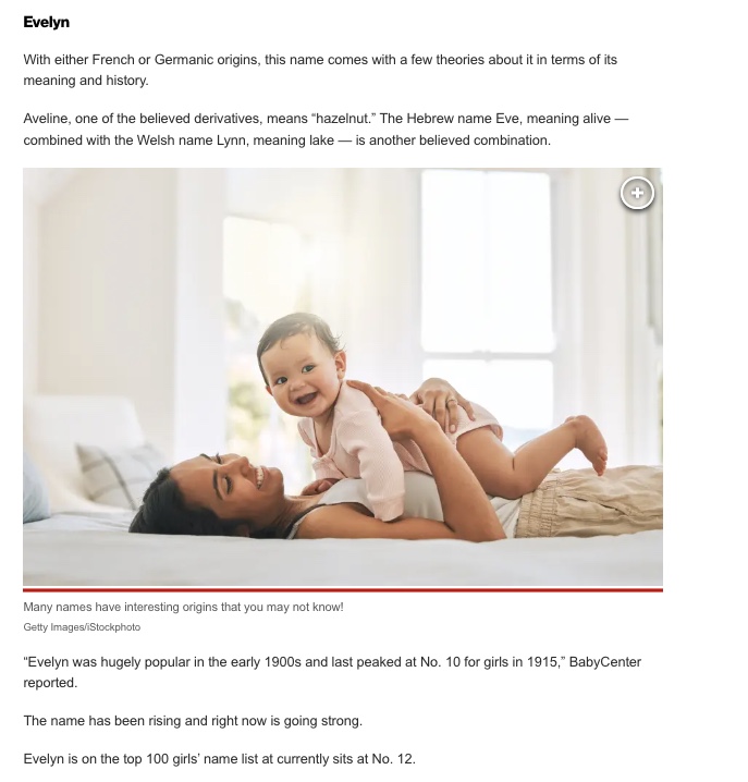 Nice to see my name is "popular" again 😊                    
“Evelyn was hugely popular in the early 1900s and last peaked at No. 10 for girls in 1915,” BabyCenter reported. nypost.com/2023/07/14/bab… via <a href="/nypost/">New York Post</a>