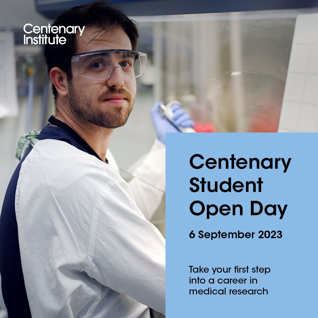 Sydney Research (@sydneyresearch) on Twitter photo Centenary Student Open Day – 6 September 2023
Take your first step into a career in medical research.
The open day is suited for prospective Honours, Masters and PhD students.
Register: lnkd.in/gwiJAjMt Centenary Student Open Day – 6 September 2023
Take your first step into a career in medical research.
The open day is suited for prospective Honours, Masters and PhD students.
Register: lnkd.in/gwiJAjMt