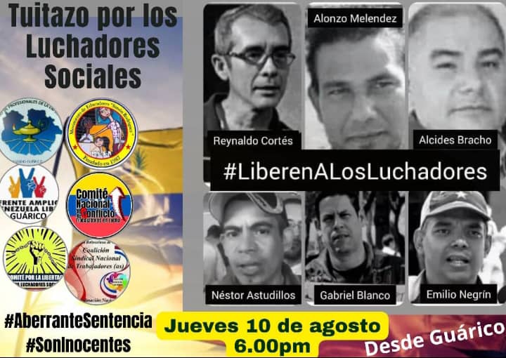 #10Agosto A más de 1 año detenidos y sentenciados los 6 luchadores sociales requieren asistencia médica integral. Gobierno de Maduro es respondable de garantizar su vida #AberranteSentencia #SonInocentes #LiberenALosLuchadores @Almagro_OEA2015