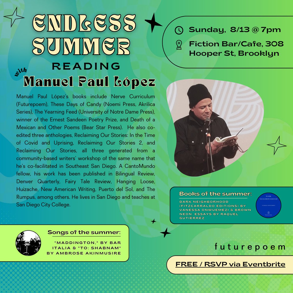 futurepoem's tweet photo. Endless Summer Reader Highlight #3—
@mplopez75 
Hear Paul, and other amazing readers perform at Fiction Bar in brooklyn this Sunday, 8/13, 7pm. 🌞🏖️https://t.co/n8cuydWh5z https://t.co/9Z7alhwC5b