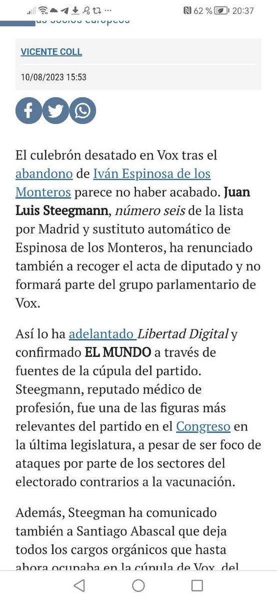 OVNIS_UFOs's tweet photo. ⚠️🇪🇦💪👏La noticia de #ElMundo #sobre la #renuncia del #diputado de #VOX a #favor de la #vacunación #obligatoria, #JuanLuisSteegman, recalca que "#era #atacado por el #sector de #VOX que se #opone a la #vacunación".
Importante, tener en cuenta que la presión DESDE DENTRO DEL PARTIDO ha llevado a su dimisión.