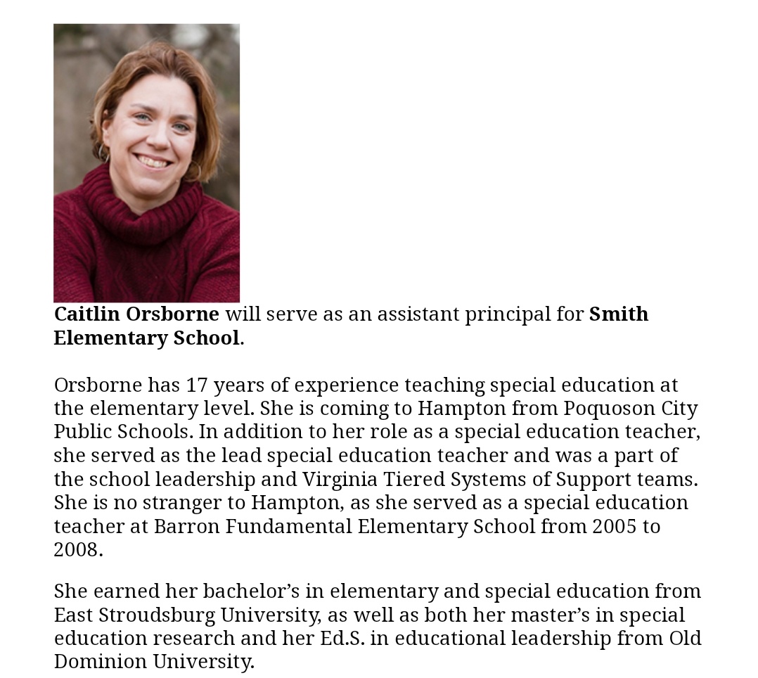 CaitlinOrsborne's tweet photo. Hey! That's me! Super excited to join @HamptonCSchools as an Assistant Principal. These past 2 weeks have been an amazing learning opportunity and I am looking forward to all of my new experiences.
#MonarchLead #ODUleaders #CaptainJohnSmith #assistantprincipal https://t.co/pocggW8Du7