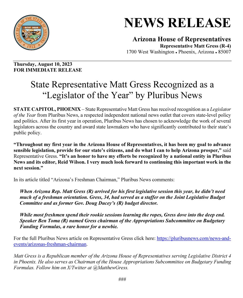 AZHouseGOP's tweet photo. ✅FOR IMMEDIATE RELEASE✅
Arizona State Representative @MatthewGress Recognized as a “Legislator of the Year” by @PluribusNews

“While most freshmen spend their rookie sessions learning the ropes, Gress dove into the deep end. Speaker Ben Toma (R) named Gress chairman of the Appropriations Subcommittee on Budgetary Funding Formulas, a rare honor for a newbie.”

READ MORE👉 https://t.co/iItAwMgG3z

@AZHouseGOP #AZleg