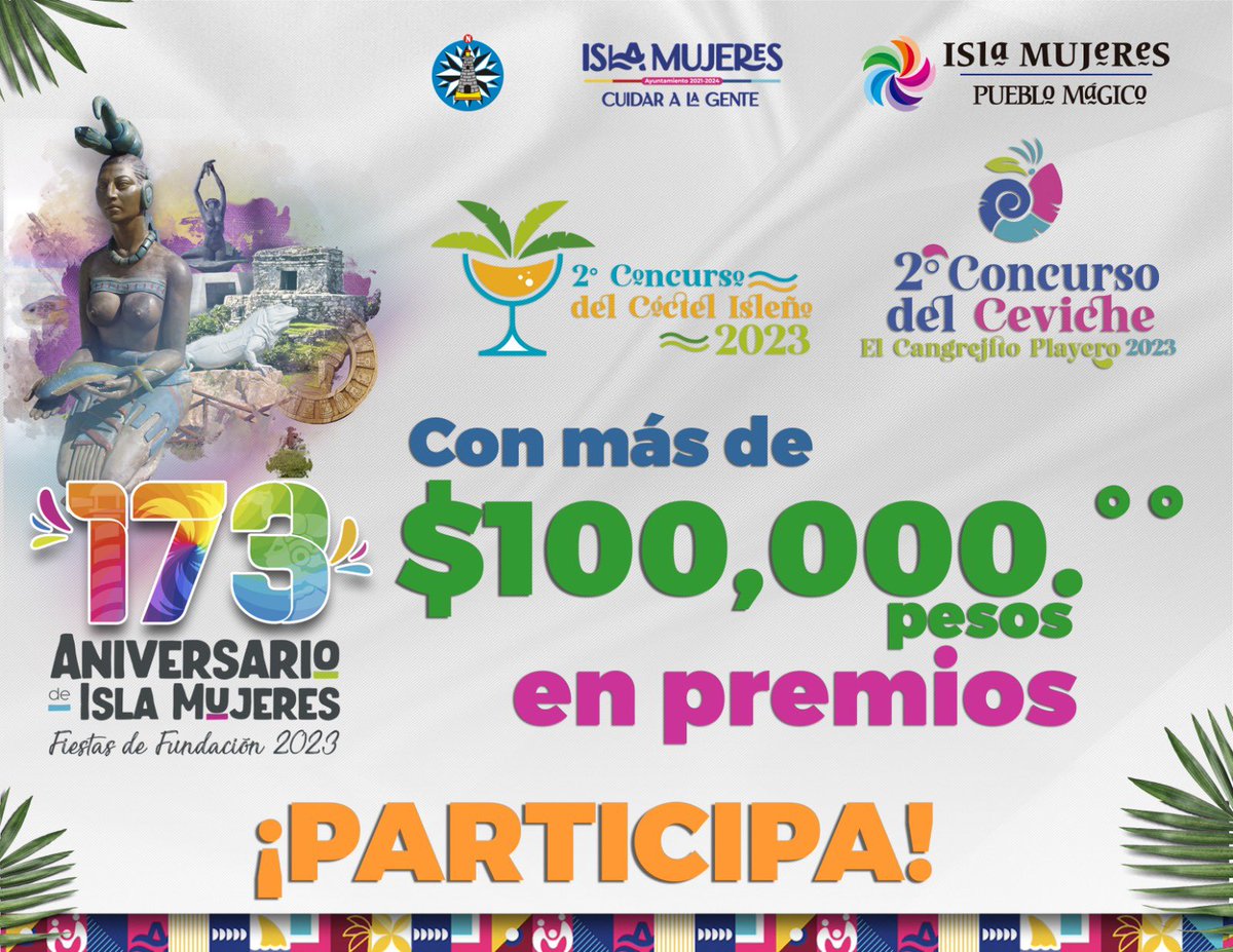 TurismoIslaMuje's tweet photo. Participa en la 2a edición del Concurso del Coctel Isleño y del Ceviche Isleño! Bolsa total de premios con valor de mas de $100 mil pesos. Informes: Whatsapp: +52 (998) 8770307 https://t.co/9T8US3gnpp