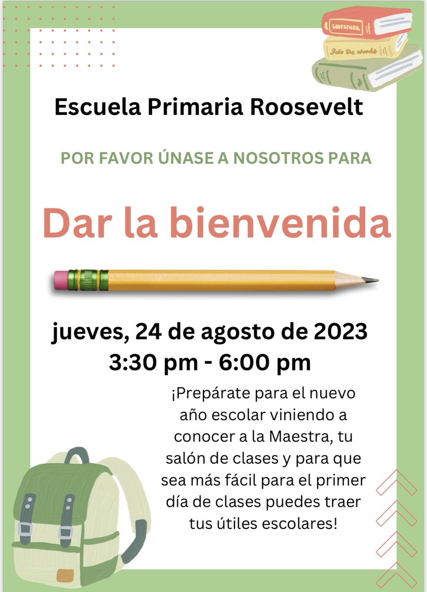 Roosevelt_HISD's tweet photo. ¡Únete a nosotros para conocer al profesor en Roosevelt Elementary el 24 de agosto de 3:30 a 6:00! Estamos emocionados de conectar con los estudiantes y los padres antes de que comience el nuevo año escolar. Además, ¡no te pierdas nuestro regalo de útiles escolares y mochilas! 📚 https://t.co/ILP7ACJDGt