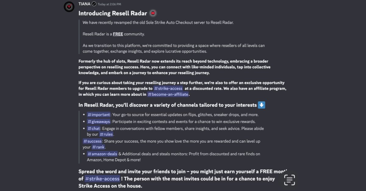 Resell_Radar's tweet image. Introducing Our New FREE Resell Community Brought To You By @StrikeAccess! ⚡️
Preview Features Offered In Our Paid Server, Giveaways + Many More Exciting Tools 🛠️
Learn More About Amazon FBA, Tickets, Sport Betting & Sneaker Reselling 💸
Join Now: discord.gg/hb4vX8Cq