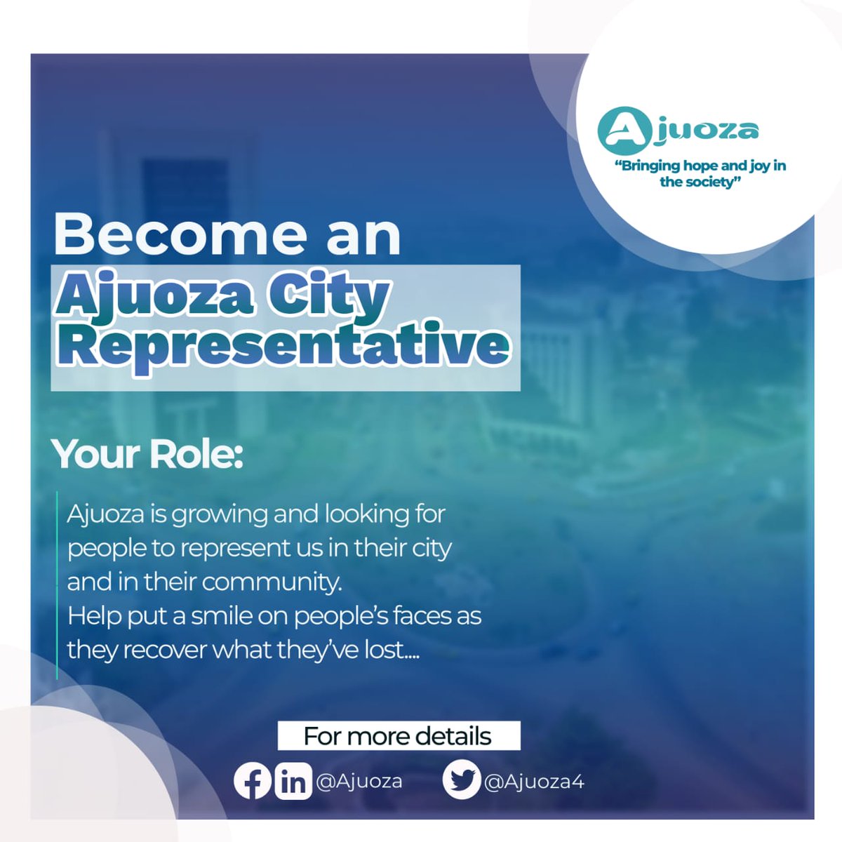 DjiofackU's tweet photo. Seeking heroes!😉
Ajuoza is on a mission to reunite families and recover lost documents. 
You too can become an ambassador in your locality today and help bring back hope.
Click the link below to access our form and join us.
https://t.co/ZybFtQ2PL5

#AjuozaApp #ReuniteFamilies https://t.co/nfoVpNognp
