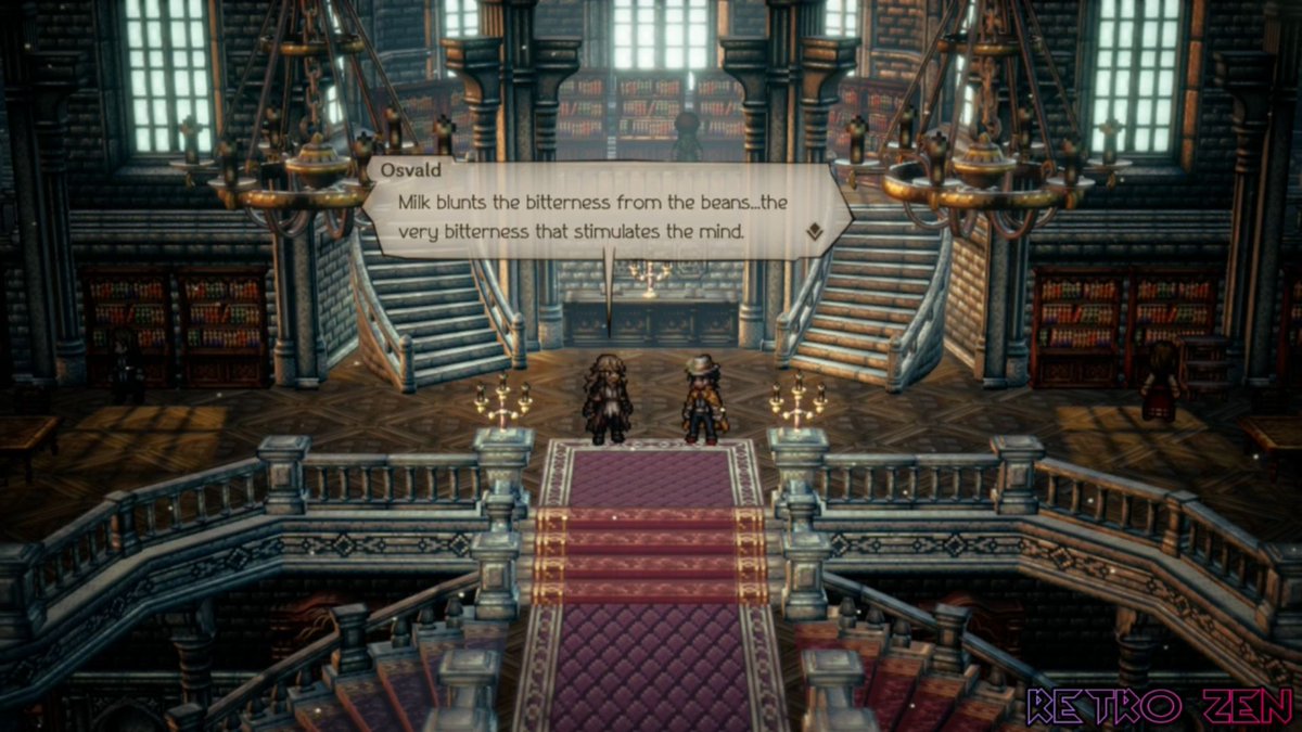 retro_zen's tweet image. 💯💯 Agree with Osvald here! Don't put too much milk in your coffee! Or sugar! 😂 #OctopathTraveler2 #osvald #partitio