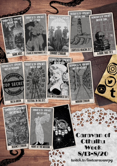 lostcaravanrpg's tweet photo. Starting THIS SUNDAY is the Caravan of Cthulhu, a whole week of Call of Cthulhu and Delta Green! This event is a charity event to support the National Alliance on Mental Illness, and we'll have a drawing at the end to give away some prizes 😁
#TTRPGs #cthulhu https://t.co/HAG8RbPew1