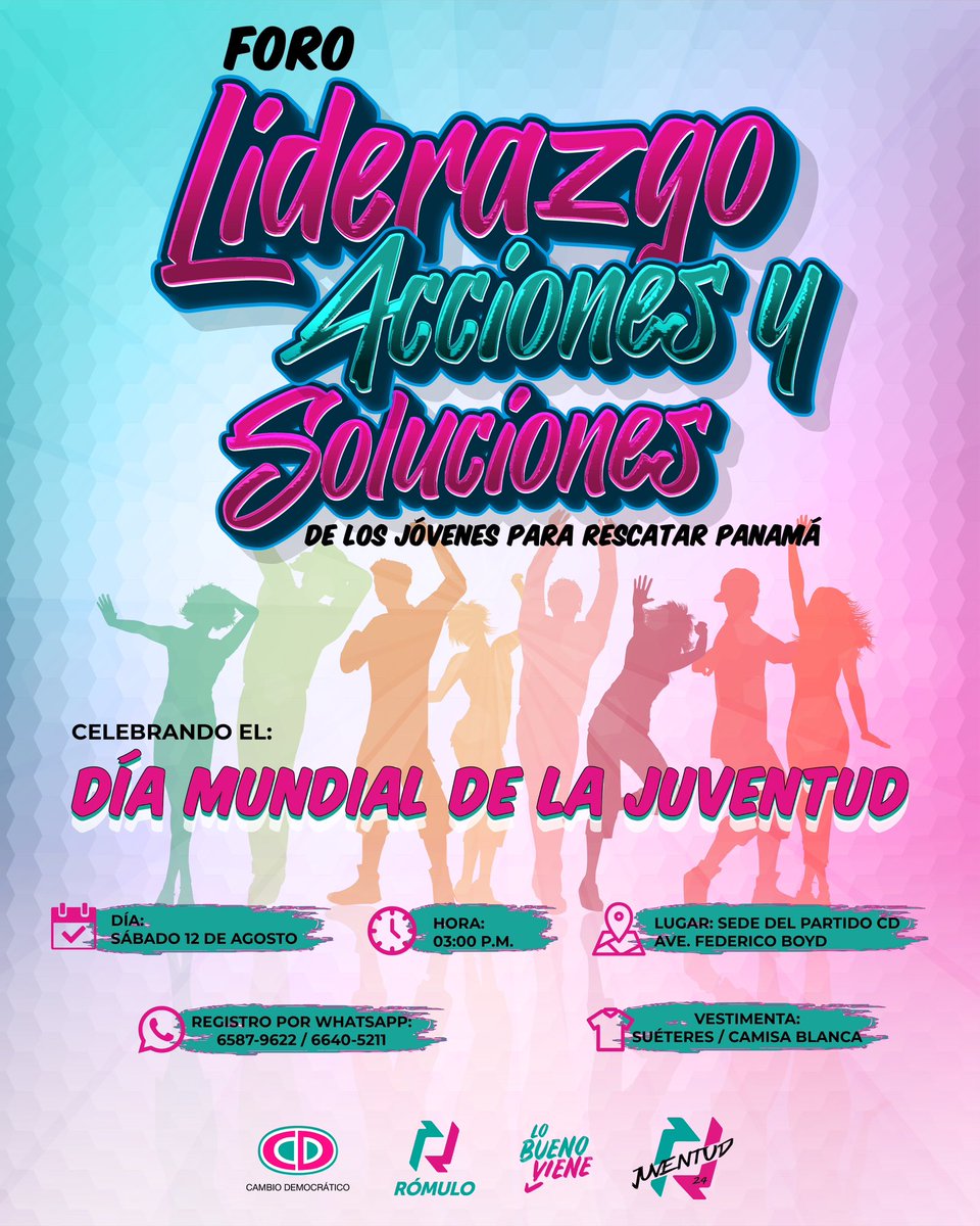 juventud_cd2024's tweet photo. Jóvenes Cambio Democrático celebraran el “Dia Internacional de la Juventud” de manera diferente. Unidos en un solo lugar, proponiendo, escuchando y debatiendo sobre las acciones y soluciones para rescatar Panamá. 

#JuventudDelCambio
#BuenaPolitica 
#RumboAl2024
#RómuloPresidente https://t.co/rRaXGqoVcw