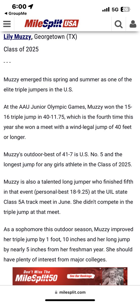 So honored to be one of ‘Five Emerging Female Athletes From the AAU JO Games’ 
milesplit.com/articles/33730…