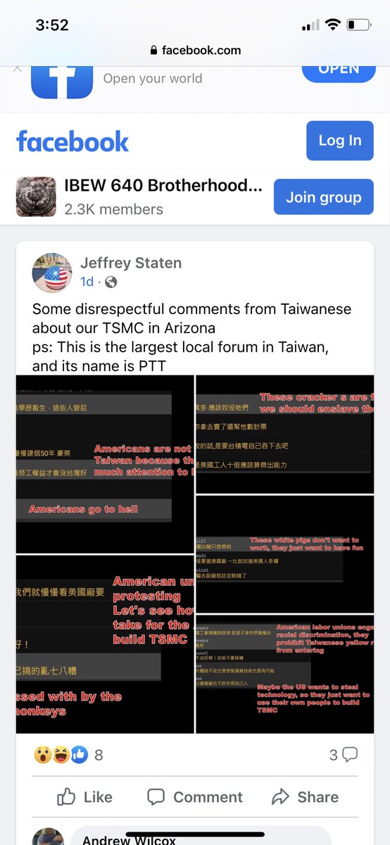 syhhuang's tweet photo. 台灣PTT網站又出名了😵‍💫 

有人謾罵跟用種族歧視用語攻擊美國蓋TSMC廠房的美國工人
非常剛好的被人截圖、翻譯傳給美國電工公會 
台積電正在跟美國政府交涉要讓500名台灣工人去美國蓋廠房
當地公會當然不贊成並要求美國政府不要同意發工作簽證
然後又發現台灣人這麼說他們😑

IBEW640 電工公會第640分會 https://t.co/iCV1OE3MZA
