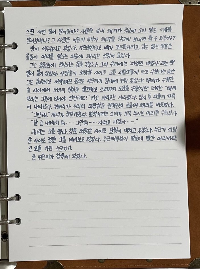 해리포터와 비밀의방 통필사
요즘 md페이퍼만 썼더니 조금 질려서 종이 교체! (루즈리프의 최대장점
타오바오에서 구매한 일본의 izumo paper인데 만년필 잘~받는 백색지인것같아 만족만족☺️
챕터도 끝났으니 펜세척을하고 다른펜으로 넘어가야지~🎶
#만년필 #필사
