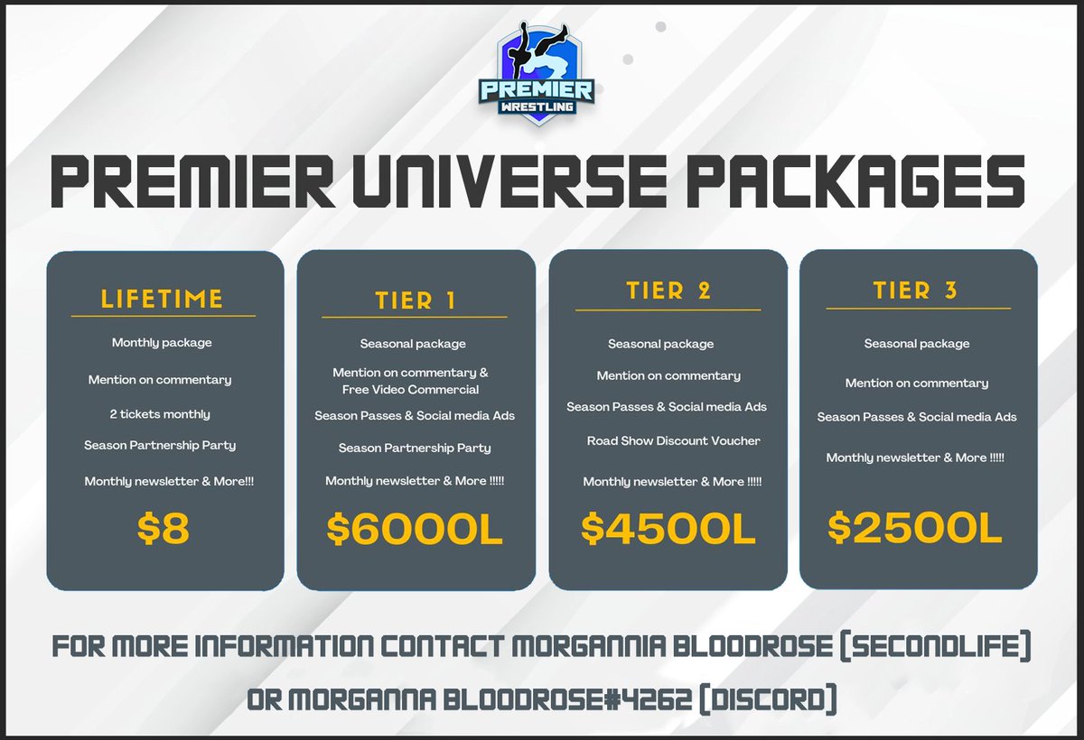 Become a Partner or Sponsor of 
<a href="/PWrestling2019/">Premier Wrestling</a>
 today! A wide variety of packages for you to choose from. There's a package for every budget. Be a part of Premier Wrestling and we can advertise for you!