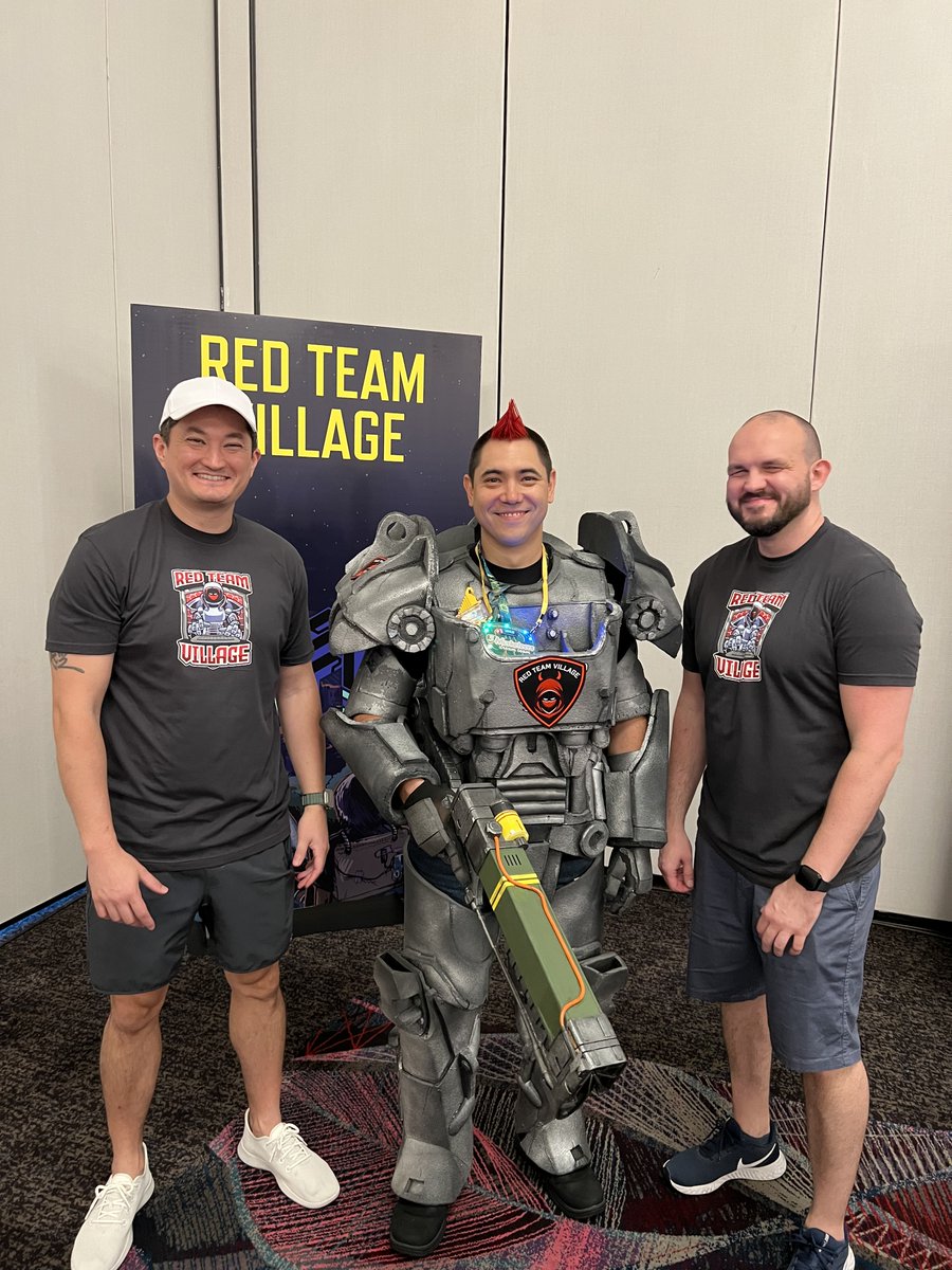 RedTeamVillage_'s tweet photo. Shirts are here! Stop by the RTV tomorrow to get yours! 🔴

Also, you can win @pwnEIP’s awesome suit! 🤖 Tag a friend, like, and retweet to enter. Must be on-site! Winner will be announced late Saturday; pick up prize by Sunday @ 2pm. ⌚️ https://t.co/rWlLyTtibk