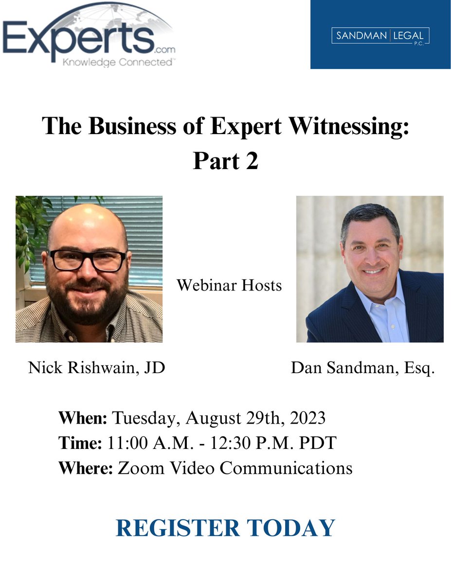 Experts_Com's tweet image. Upcoming: 🗓️

The Business of Expert Witnessing: Part 2

Sign Up: marketing.experts.com/acton/media/13…

#expertwitness #consultant
