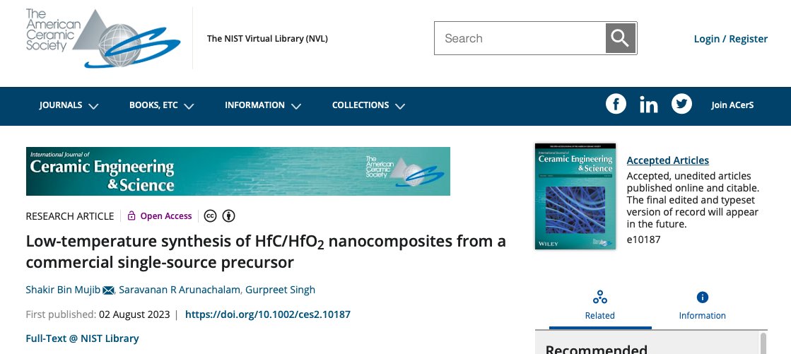 Shakir's recent work on #HfO2 hafnium oxide composite has appeared in <a href="/WileyGlobal/">Wiley</a> <a href="/ACerSNews/">ACerS</a>  open access journal - "The International Journal of Ceramic Engineering and Science". This is from a collaboration with Sprit Aerosystems in Wichita.
