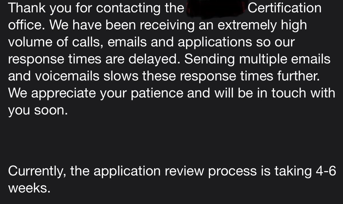 Renewing a certificate. Fee = $75. 
Called to verify the significant increase since last renewal. 
Was prompted to email question so ”ticket” could be created.
Their Response 👇🏼. 4-6 weeks to answer a simple question? 
Paid the fee anyway. They processed my payment in 15 min. 🤨